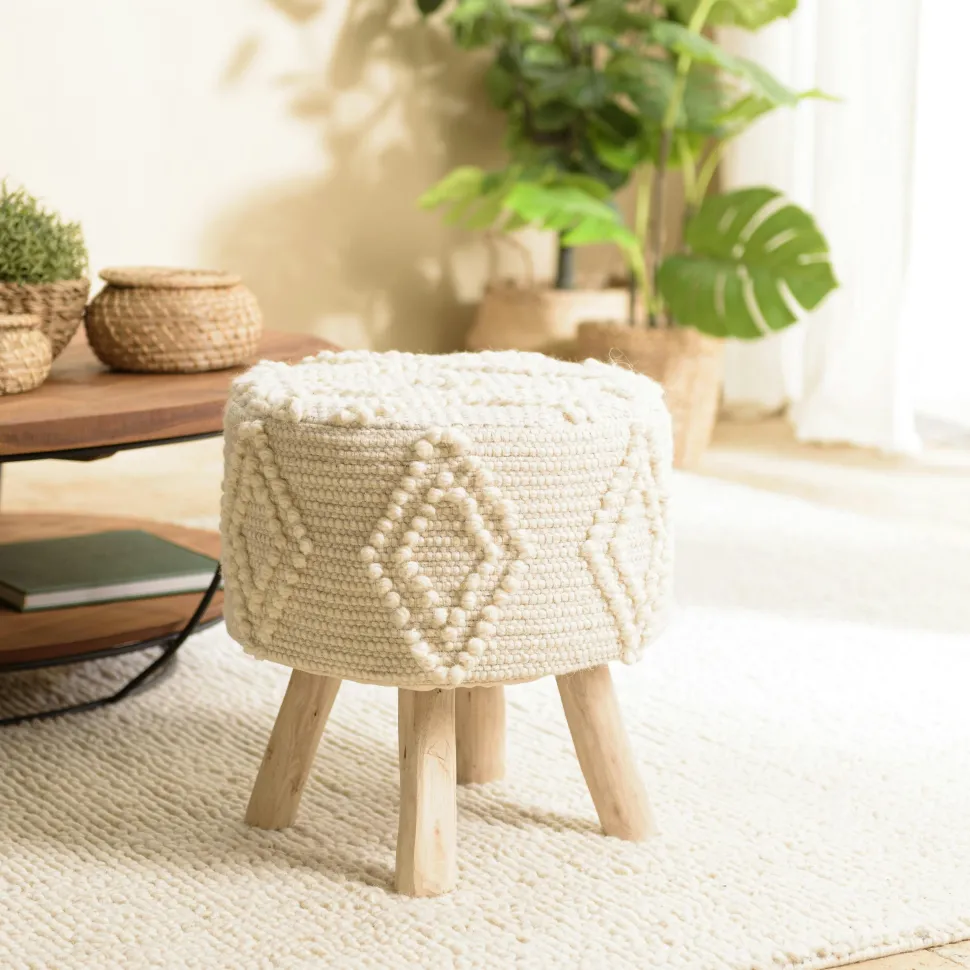 Tabouret rond laine ivoire avec losanges TIM