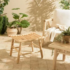 Tabouret rondins de teck naturel assise macramé blanc MANAK