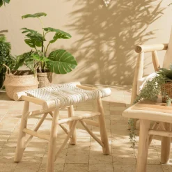 Tabouret rondins de teck naturel assise ajourée MANAK