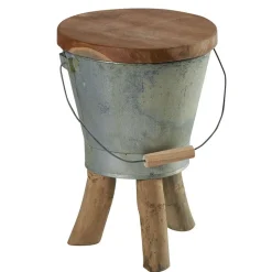 Tabouret "Seau" avec anse en teck massif naturel et zinc D31cmxH45cm TOWN