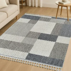 Tapis de salon gris et bleu – motifs carrés, 120x180 cm ISTANBUL