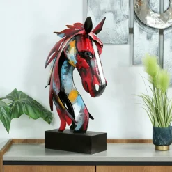 Tête de cheval en métal multicolore sur socle H75x47x21cm