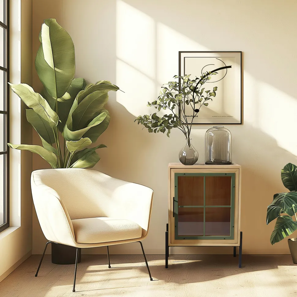 Vaisselier bois clair et contour vert BAGAN