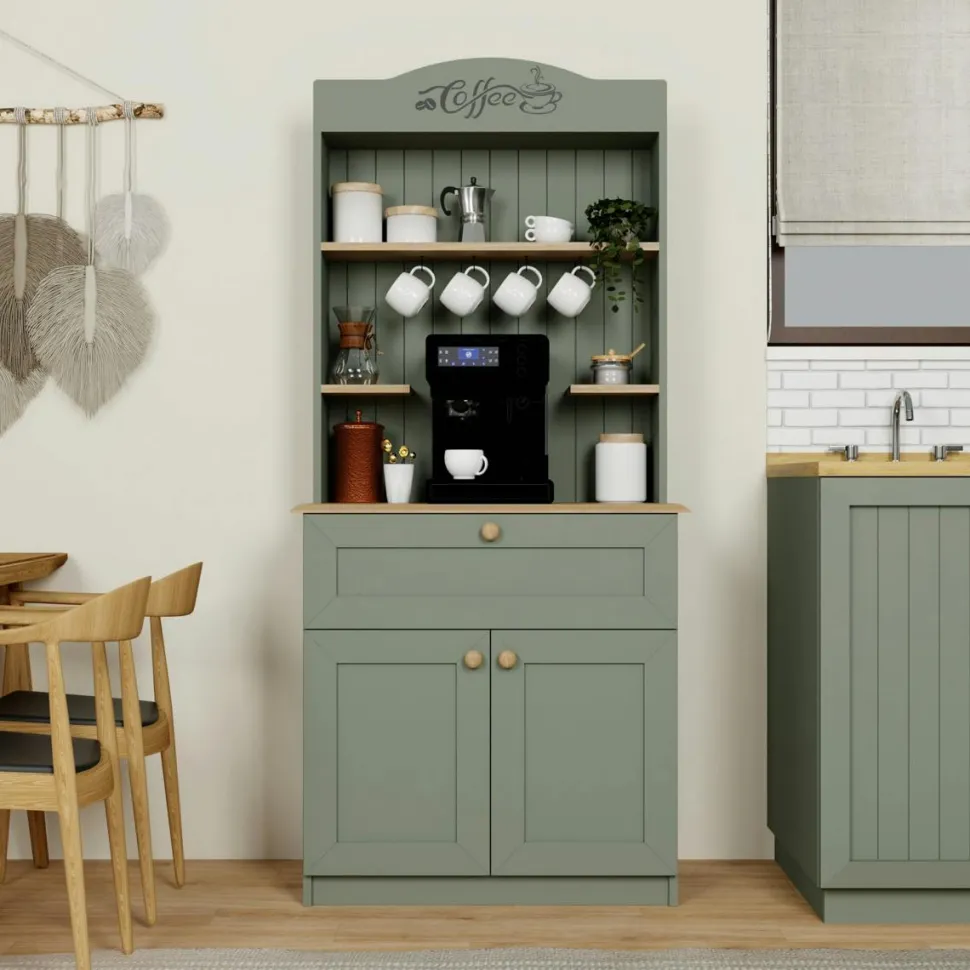 Vaisselier cuisine blanc 2 portes, niche machine à café VAREN