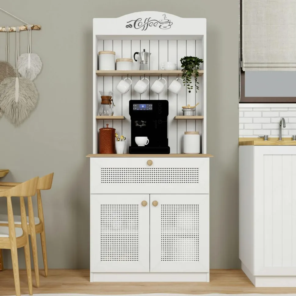 Vaisselier de cuisine blanc, cannage & niche café VAREN