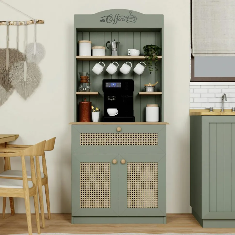 Vaisselier de cuisine vert sauge, cannage & niche café VAREN
