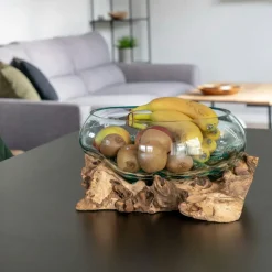 Vase verre soufflé et racine teck, artisanal H 25 cm ARIZONA